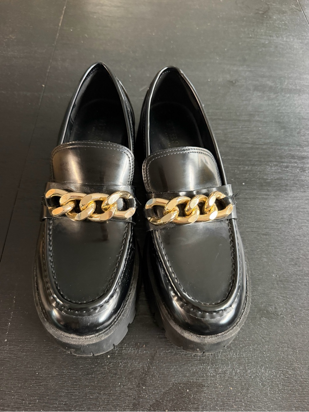 Guess Black Patent Leather Loafers with Gold Chain